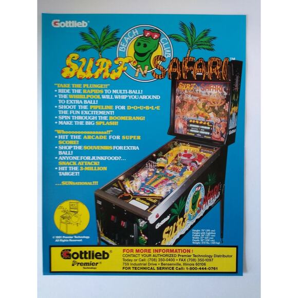 Surf N Safari Pinball FLYER 1991 Original Unused Artwork Theme Park Waterpark - Picture 2 of 4